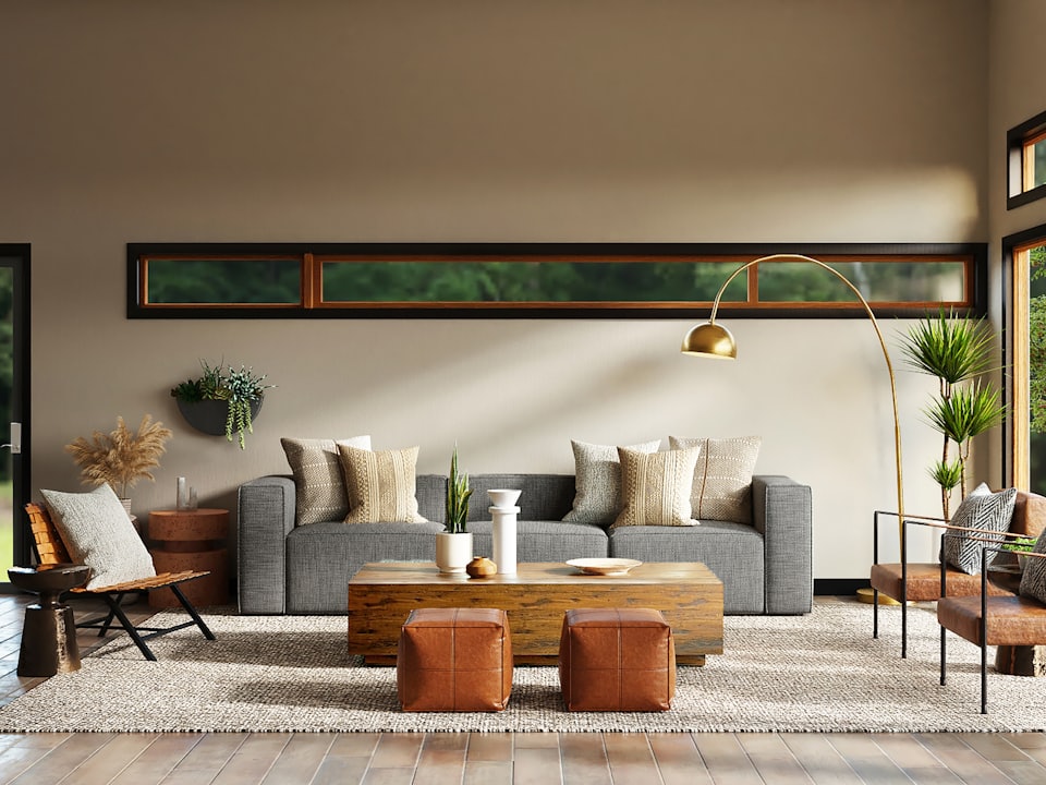 Bright, newly remodeled living room with modern furnishings